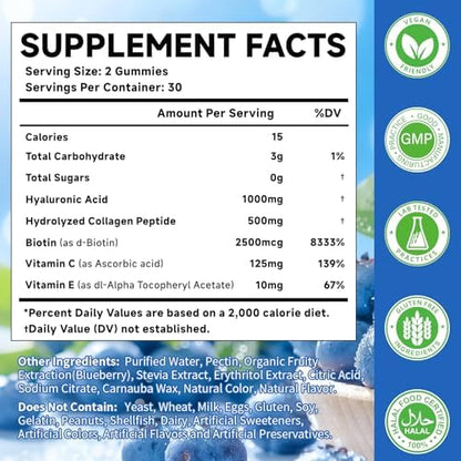 Close-up of Moorgumy dietary supplement label highlighting 1000mg hyaluronic acid and collagen peptide ingredients.