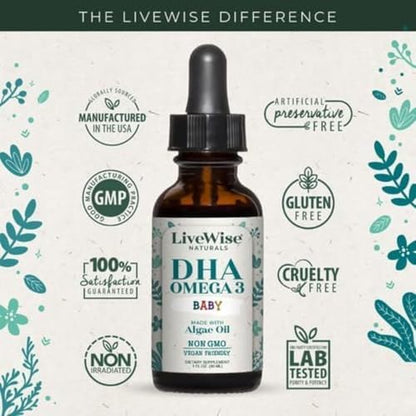 Stain free colorless formula baby DHA omega 3 supplement by LiveWise Naturals
