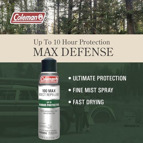 Coleman 100 percent DEET continuous spray canister layout on an outdoor travel backpack