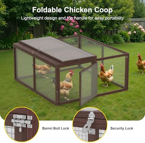 Chicken Coop, Wooden Rabbit Hutch Outdoor Indoor Folding Bunny Cage with Handle Portable Chicken Run with Top & Side Opening Doors Small Animal Playpen No Assembly Pet Poultry Cage for Bunny(Brown) - Image 3