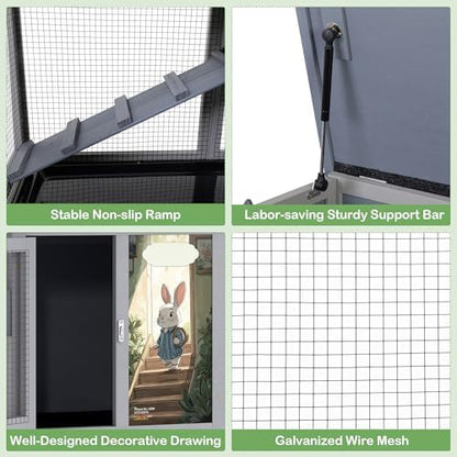 Wood Rabbit Hutch with Balcony - Small Animal House Bunny Cage on Wheels for Indoor Outdoor, Rabbit Cage Included Ramp, Pull Out Tray, (Grey with Pattern) - Image 7