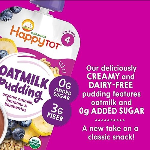 Toddler enjoying a healthy Happytot oatmilk pudding snack