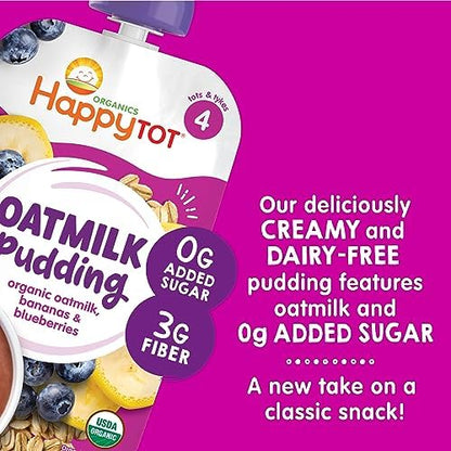 Toddler enjoying a healthy Happytot oatmilk pudding snack