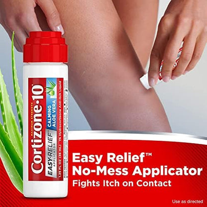 Cortizone-10 1% hydrocortisone liquid bottle with healing aloe packaging.
