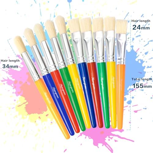 Close up of ten jumbo round and ten large flat washable children paintbrushes with bright handles