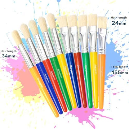 Close up of ten jumbo round and ten large flat washable children paintbrushes with bright handles