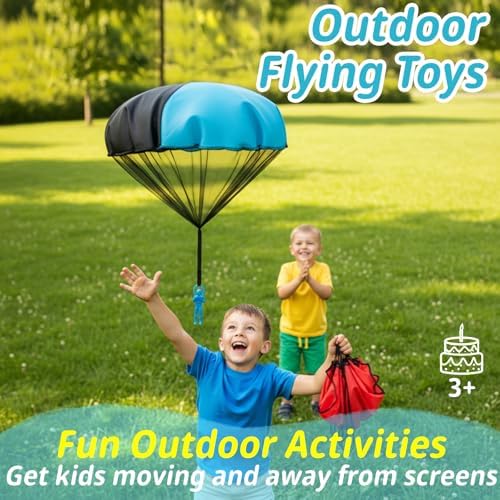 Children throwing the tangle-free military paratrooper toys high in an outdoor park setting.