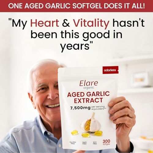Elare two year matured garlic extract capsules close up view showing supplement texture.