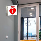 Double sided AED wall mount sign with brushed nickel bracket