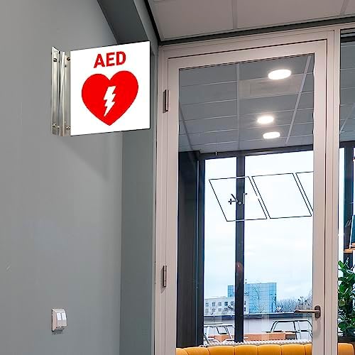 Double sided AED wall mount sign with brushed nickel bracket