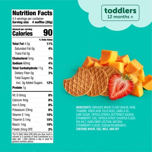 Close up view of the individual strawberry and butternut squash mini waffle crisps for self-feeding toddlers