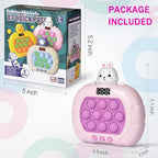 Oyeftp handheld light up sensory fidget toy showing a child pressing the illuminated pink bubbles