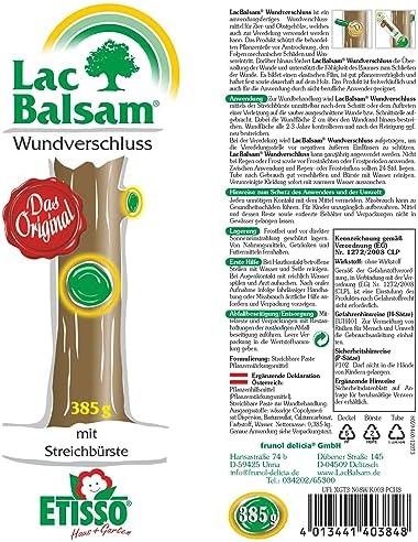 Etisso LacBalsam tree plaster tube detailing the built in brush applicator for easy garden use.