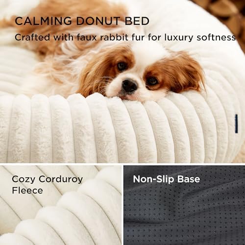 Bedsure ComfyFleece(TM) Donut Medium Dog Bed - Washable Faux Fur with Corduroy Fleece & Anti Slip Bottom, Round Pet Bed with Removable Cover, Cream, 30x30x8 inches - Image 4