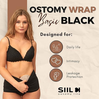 Side profile of a woman wearing the SIIL ostomy wrap under clothing.