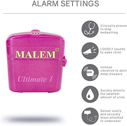 Malem Ultimate pink alarm box showing sound and vibration toggle switches.