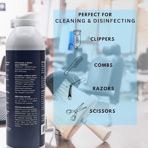 Professional barber using Lucas-Cide spray on clippers