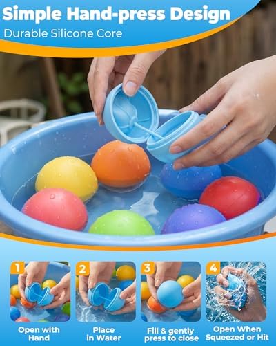 Children filling soft silicone water splash balls in a backyard bucket