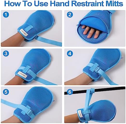 BHXANZOU padded restraint mittens for Alzheimers and dementia patient safety.