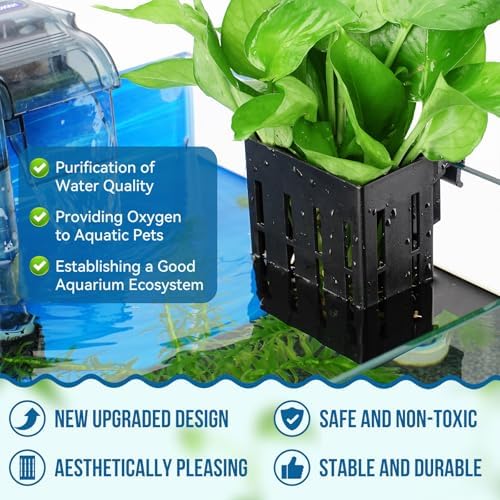 Borlech aquatic planter pot hanging on a rimless aquarium with adjustable hooks.