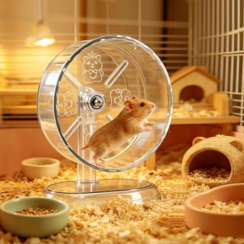 Clear 7 inch pet exercise wheel installed inside a modern rodent cage.