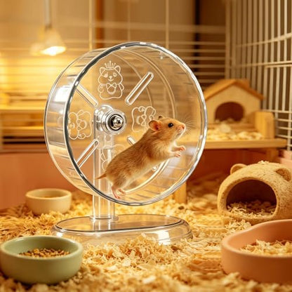 Clear 7 inch pet exercise wheel installed inside a modern rodent cage.