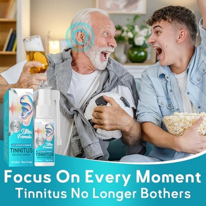 Natural herbal tinnitus spray bottle with Ultra Formula label.