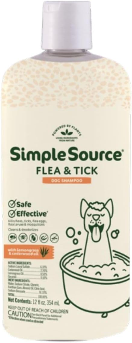 Authentic imported SimpleSource grooming shampoo for cats showing pest protection and deodorizing benefits.