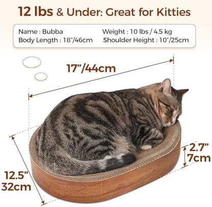 Ergonomic oval cat scratch pad showing thick high density eco friendly compressed paper layers