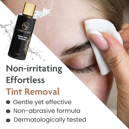 Vegan and hypoallergenic eyebrow color stain remover bottle angled view for precision makeup correction