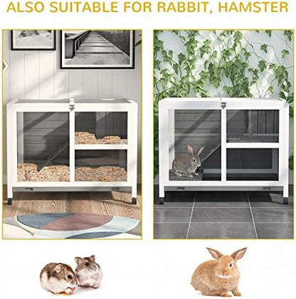 PawHut Rabbit Hutch with Wheels, Desk and Side Table Sized, Wooden Rabbit Cage, Waterproof Small Bunny Cage with Removable Tray, Openable Roof, for Indoor & Outdoor, Gray - Image 7