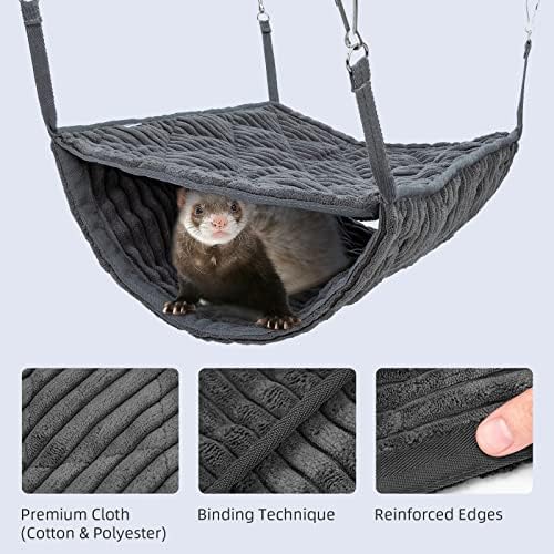 Gray quilted cotton double bunkbed hammock attached inside wire pet cage
