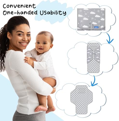 Parent using one hand to open PHOEBUS BABY portable changing mat