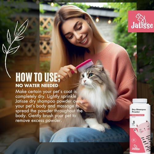 Waterless pet grooming powder bottle showcasing natural lavender botanical extracts