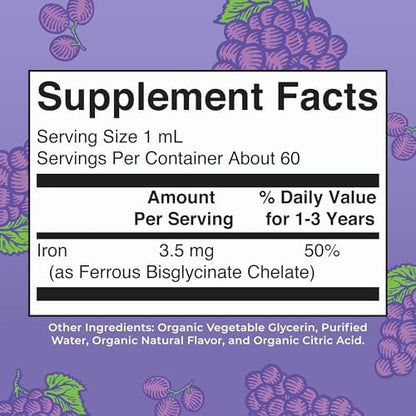 Side panel showing allergen information and sugar free claims on authentic imported toddler iron drops