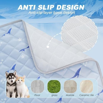 Velvopet portable dog cooling blanket placed inside a standard wire pet crate