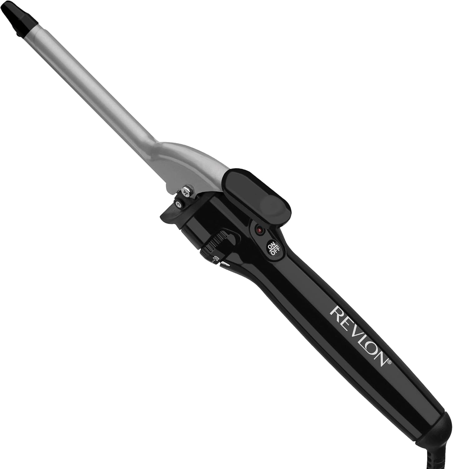 Revlon Perfect Heat Triple Ceramic Curling Iron front view displaying the half inch barrel and clamp design