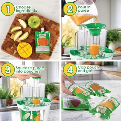 Sprout Cups six ounce food squeeze pouches attached to the bottom of the manual filling station.
