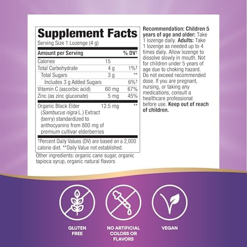 Nature's Way Sambucus organic elderberry lozenges supplement facts and clean ingredient list