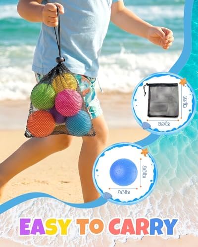 Six pack of colorful durable splash balls organized neatly for an outdoor pool party.