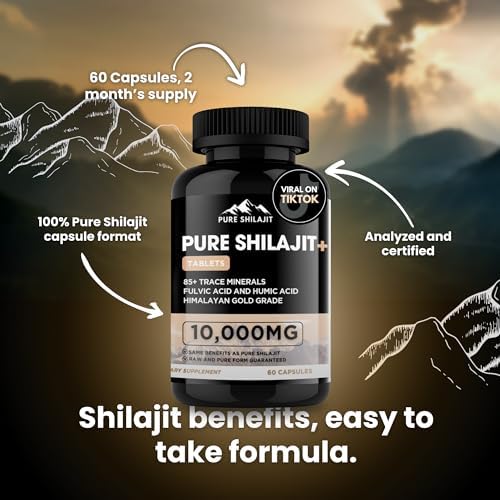 Pure Health Max gold grade shilajit capsules alongside natural mountain elements emphasizing pure origin