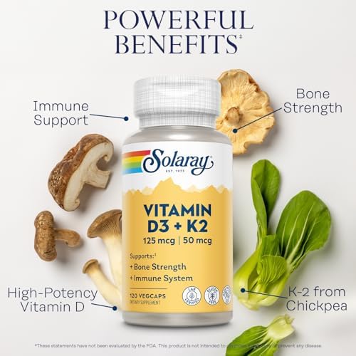 Back label of Solaray Vitamin D3 and K2 capsules showing soy free and lab verified details