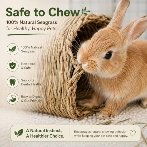 PEMAR Natural Seagrass Bunny Tunnel - Handwoven Rabbit Hideaway & Edible Grass House - Safe Chew Toy, Bed for Guinea Pigs, Chinchillas, Rats & Indoor Bunnies - Small Animal Enrichment (9x8.3x6.3") - Image 4