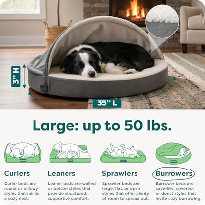 FurHaven Round Orthopedic Dog Bed for Large Dogs, Egg Crate with a Solid Orthopedic Foam Base with Attached Blanket Hood and Removable Washable Cover, Large, Sherpa & Suede Snuggery, Gray - Image 4