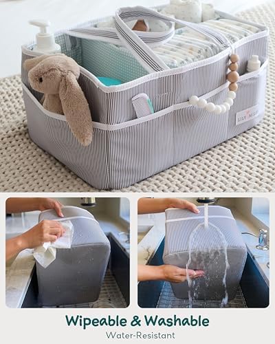 Gray and white striped diaper caddy for newborns