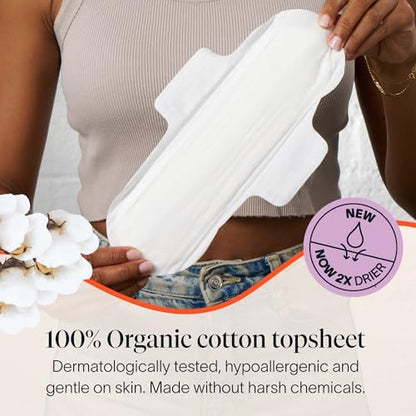 Cora ultra thin period pads with wings showing the 100 percent organic cotton topsheet texture.