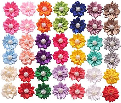 Close up view of Yaka flower dog hair bows with rubber bands