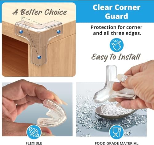 Transparent corner guards applied to furniture for child proofing