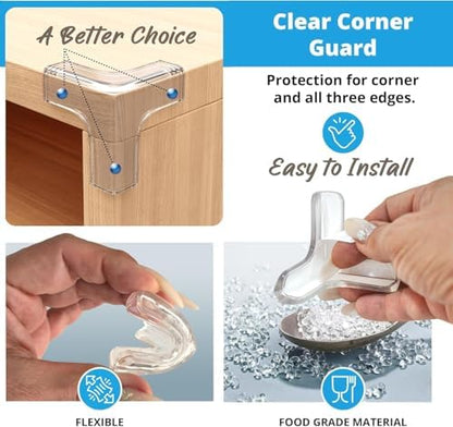 Transparent corner guards applied to furniture for child proofing