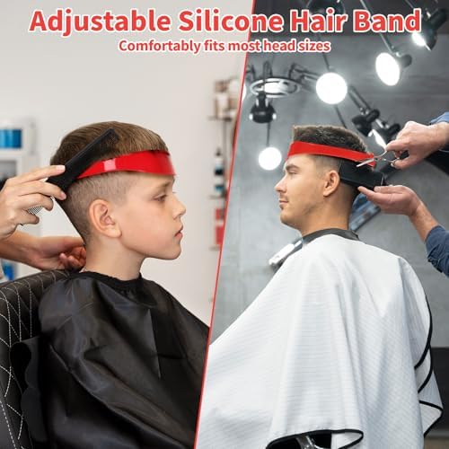 Red silicone haircut band paired with a professional black neck duster brush for post trim cleanup